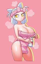Rule 34 | 1girl, animal ears, areola slip, bottle, bow, breasts, cat ears, cleavage, collarbone, cowboy shot, drink, food, fruit, headband, hello kitty, hello kitty (character), holding, holding bottle, holding drink, humanization, large breasts, milk bottle, minuspal, naked towel, parted lips, pink background, pink headband, sanrio, short hair, solo, sparkle, steam, strawberry, towel, wet, white hair, yellow eyes