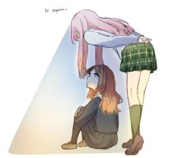 Rule 34 | 2girls, arms behind back, bang dream!, bang dream! it&#039;s mygo!!!!!, black socks, blue eyes, blue shirt, blue skirt, brown hair, brown shoes, chihaya anon, closed mouth, green skirt, green socks, grey jacket, haneoka school uniform, highres, jacket, kneehighs, long hair, long sleeves, multiple girls, nagasaki soyo, niigouki, pink hair, plaid clothes, plaid skirt, pleated skirt, school uniform, shirt, shoes, sidelocks, simple background, sitting, skirt, socks, standing, tsukinomori school uniform, white background