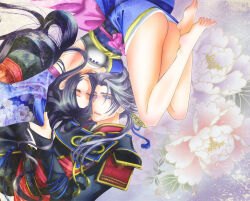arm_up armor armpits ass barefoot black_hair breasts cleavage closed_eyes face-to-face feet flower hair_down holding_another&#039;s_wrist husband_and_wife inahime japanese_clothes kashiwagi kimono legs lips long_hair miniskirt obi parted_bangs ponytail purple_eyes sanada_nobuyuki sash sengoku_musou skirt thighs toes upside-down white_hair