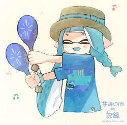 1girl blue_hair blue_shirt braid closed_eyes commentary_request inkling inkling_girl inkling_player_character instrument long_hair maracas musical_note n3mizi nintendo open_mouth pointy_ears print_shirt shaking shirt single_braid smile solo splatoon_(series) splatoon_3 tentacle_hair translation_request white_background