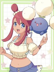 1girl :d bare_shoulders blue_eyes blue_shorts border crop_top gen_2_pokemon green_border grid_background hair_between_eyes highres jumpluff looking_at_another midriff navel nintendo official_alternate_costume open_mouth outside_border pokemon pokemon_(creature) pokemon_masters_ex red_hair saki_pokeoekaki short_hair_with_long_locks shorts sidelocks skyla_(pokemon) skyla_(summer_2025)_(pokemon) smile star_(symbol) teeth upper_body upper_teeth_only