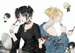 Rule 34 | alternate universe, annie leonhart, applying makeup, armin arlert, black choker, black hair, black nails, black shirt, blonde hair, blue eyes, blue jacket, bracelet, breasts, brown hair, choker, cosmetics, cross, cross earrings, earrings, eren yeager, goth fashion, grey eyes, grey sweater, hair ornament, hairclip, highres, holding, holding lipstick tube, jacket, jewelry, lipstick tube, long sleeves, medium breasts, medium hair, mikasa ackerman, nail polish, one eye closed, parted bangs, pink lips, ring, shingeki no kyojin, shirt, short hair, short twintails, skull hair ornament, sleeveless, sleeveless turtleneck, star (symbol), star earrings, sweater, turtleneck, twintails, updo, upper body, white background, zhuse fuxianqing