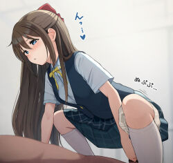 1boy 1girl aroused bar_censor blue_eyes blurry blurry_background blush bow brown_hair censored clothed_female_nude_male commentary_request dark-skinned_male dark_skin girl_on_top guided_penetration hair_between_eyes hair_bow half-closed_eyes heart hetero highres imminent_penetration interracial kneehighs long_hair love_live! love_live!_nijigasaki_high_school_idol_club lying nijigasaki_school_uniform nude on_back osaka_shizuku panties panties_around_leg parted_lips penis_grab school_uniform socks sound_effects spoken_heart squatting summer_uniform tata_(tataice) translated underwear