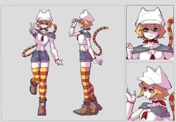 1girl bone_nigi boots cat_girl cat_tail catty_(bone_nigi) full_body grey_background hair_between_eyes hand_up hat highres leg_up looking_at_viewer looking_to_the_side midriff navel open_mouth orange_eyes original profile short_shorts shorts simple_background slit_pupils solo striped_clothes striped_thighhighs tail thighhighs v