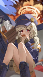1girl absurdres aoba_(blue_archive) armband black_boots black_hat blonde_hair blue_archive blue_sky boots bread brown_gloves commentary crying crying_with_eyes_open eating explosion food gloves hair_ornament hairclip halo hat highres knee_boots knees_up lace-up_boots loli long_hair looking_at_viewer low_twintails newsboy_cap orange_armband outdoors paper pleated_skirt red_eyes sidelocks skirt sky solo tears twintails vkrv4873 yellow_halo yellow_skirt