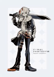 belt black_eyes black_gloves black_jacket black_pants black_shoes character_name copyright_name cropped_jacket eyes_visible_through_hair final_fantasy final_fantasy_viii frown fur-trimmed_jacket fur_trim glaring gloves grey_background gunblade half-skirt highres holding holding_weapon jacket jewelry limited_palette looking_at_viewer nayo_(kr_000515) necklace open_clothes open_jacket over_shoulder pants parted_bangs scar scar_on_face shirt shoes short_hair squall_leonhart thigh_belt thigh_strap too_many too_many_belts weapon weapon_over_shoulder white_background white_shirt