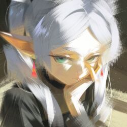 Rule 34 | 1girl, absurdres, closed mouth, earrings, elf, frieren, green eyes, grey hair, highres, jewelry, long hair, looking at viewer, nyte tyde, pointy ears, solo, sousou no frieren, twintails