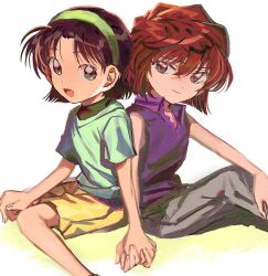 2girls brown_hair green_hairband green_shirt grey_pants haibara_ai hairband highres holding_hands meitantei_conan multiple_girls pants purple_shirt segami shirt short_sleeves shorts sitting sleeveless sleeveless_shirt yellow_shorts yoshida_ayumi