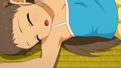 1boy 1girl age_difference animated anime_screenshot breasts brown_eyes brown_hair censored clothes_lift cum cum_on_body ejaculation erection facial hair_ornament loli male_masturbation masturbation mosaic_censoring nipples open_mouth panties penis penis_out sayama_chie shirt_lift shoujo_ramune skirt sleeping small_breasts smelling sound subtitled tagme tank_top underwear video