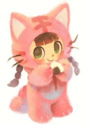 Rule 34 | 1girl, animal costume, bemani, blunt bangs, braid, brown hair, cat costume, food, full body, green eyes, highres, holding, nyami (pop&#039;n music), onigiri, pop&#039;n music, solo, twin braids, vividfirework, white background
