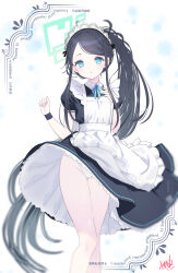 1girl :o absurdly_long_hair apron aris_(blue_archive) aris_(maid)_(blue_archive) artist_name back_bow black_dress black_hair blue_archive blue_eyes blue_flower blue_ribbon blurry blurry_background blush border bow clenched_hand clothes_lift commentary cowboy_shot depth_of_field dress dress_lift expressionless fanged_bangs flat_chest floating_clothes floral_background flower frilled_apron frills gluteal_fold green_halo halo hand_on_own_chest hands_up highres long_hair looking_at_viewer maid maid_apron maid_headdress medium_dress neck_ribbon no_legwear ornate_border panties pantyshot parted_bangs parted_lips puffy_short_sleeves puffy_sleeves rectangular_halo ribbon short_sleeves side_ponytail signature solo standing straight-on thigh_gap thighs underwear very_long_hair white_apron white_background white_panties wind wind_lift wing_collar wristband yasuyuki