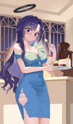 1girl @_@ absurdres alternate_costume black_halo blue_archive blue_dress blue_eyes blush breasts cake cake_slice chocolate_fountain cleavage collarbone commentary covered_navel dress food fruit halo hand_up head_tilt highres holding holding_plate indoors large_breasts light_particles long_hair looking_at_viewer lovehaejo mechanical_halo night night_sky open_mouth plate purple_hair single_bare_shoulder sky solo standing strawberry table thighs torn_clothes torn_dress very_long_hair window yuuka_(blue_archive)