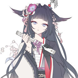 Rule 34 | 1girl, absurdres, animal ears, arknights, black hair, blue eyes, chest sarashi, chinese commentary, closed mouth, commentary request, eyeliner, flower, fuuuuuy, hair flower, hair intakes, hair ornament, highres, holding, holding weapon, long hair, long sleeves, looking at viewer, makeup, mio (arknights), pink flower, red eyeliner, sarashi, sheath, simple background, solo, unsheathing, upper body, weapon, white background, wide sleeves