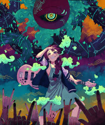 Rule 34 | 1girl, \m/, abstract background, absurdres, bass guitar, black bow, black jacket, black nails, blowing smoke, blunt bangs, bocchi the rock!, bow, braid, braided ponytail, cigarette, colored smoke, crazy grin, crowd, disembodied eye, dress, earrings, failan (gnccj01), feet out of frame, green dress, hair bow, hair over one eye, half-closed eye, hanafuda earrings, hand in own hair, hand on own head, hand tattoo, highres, hiroi kikuri, instrument, jacket, jewelry, looking at another, multicolored jacket, multiple others, purple eyes, purple hair, sharp teeth, smoke, smoking, sundress, tattoo, teeth, two-tone jacket, white jacket, yamaha trb