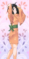 Rule 34 | 1girl, :3, ahoge, araragi tsukihi, arms behind head, arms up, artist name, belt, black eyes, black hair, blush, bob cut, breasts, closed mouth, commentary, egg hair ornament, feet out of frame, floral background, food-themed hair ornament, fried egg, from side, green belt, green sash, hair ornament, highres, japanese clothes, kikumaru bunta, kimono, kneepits, light smile, looking at viewer, looking to the side, monogatari (series), obi, orange kimono, purple background, raised eyebrows, sash, short hair, short kimono, signature, small breasts, smile, solo, standing, swept bangs, translated