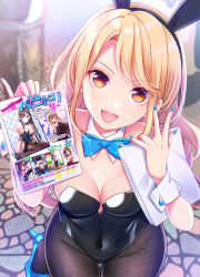 1girl :d ad animal_ears bang_dream! bare_shoulders black_leotard black_pantyhose blonde_hair blue_bow blue_bowtie blue_nails blue_shoes blurry blurry_background bow bowtie breasts cleavage cobblestone commentary_request covered_navel cowboy_shot day detached_collar fake_animal_ears from_above high_heels highres kirigaya_toko leotard long_hair looking_at_viewer medium_breasts nail_polish open_mouth orange_eyes outdoors pamphlet pantyhose paper partial_commentary playboy_bunny rabbit_ears round_teeth shoes sidelocks sleeveless smile solo standing strapless strapless_leotard swept_bangs teeth tsurime tsurugi_hikaru wing_collar wrist_cuffs