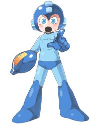 Rule 34 | 1boy, android, arm cannon, blue bodysuit, blue boots, blue eyes, blue gloves, blue helmet, bodysuit, boots, full body, gloves, hand up, helmet, index finger raised, inkerton-kun, knee boots, light blush, looking at viewer, male focus, mega man (character), mega man (classic), mega man (series), open mouth, outstretched arm, pointing, pointing at viewer, solo, standing, v-shaped eyebrows, weapon