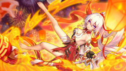 Rule 34 | 1girl, aerial fireworks, ahoge, architecture, barefoot, blue eyes, breasts, cleavage, commentary request, dress, east asian architecture, feet, fireworks, highres, honkai (series), honkai impact 3rd, kiana kaslana, kiana kaslana (ba-dum! fiery wishing star), lantern, large breasts, long hair, long legs, night, night sky, outdoors, paper lantern, ponytail, red dress, sky, sky lantern, solo, star-shaped pupils, star (symbol), symbol-shaped pupils, thighs, toes, very long hair, white hair, yelan xing xuan