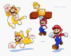 1boy ?_block animal_ears artist_name block_(object) cat_ears cat_mario cat_tail gloves hat highres jumping long_sleeves mario mario_(series) nintendo open_mouth pants red_hat running shadow shoes short_hair solo super_bell super_mario_3d_world tail vinny_(dingitydingus) white_background white_gloves