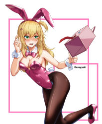 1girl animal_ear_hairband animal_ears aona_(anagasaki) black_pantyhose blonde_hair bow bowtie box breasts cleavage covered_navel detached_collar fake_animal_ears green_eyes hairband hibi_wa_sugiredo_meshi_umashi high_heels highres hoshi_nana leotard long_hair medium_breasts one_side_up pantyhose pink_bow pink_bowtie pink_leotard pink_shoes playboy_bunny rabbit_ears rabbit_tail shoes solo strapless strapless_leotard tail twitter_username wrist_cuffs
