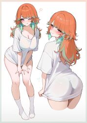 1girl ;q absurdres ass bra bra_visible_through_clothes breasts closed_mouth colored_inner_hair commentary cropped_legs feathers full_body gradient_hair green_bra green_feathers green_hair green_panties highres hololive hololive_english koahri large_breasts long_hair looking_at_viewer looking_back multicolored_hair multiple_views no_pants no_shoes one_eye_closed orange_hair oversized_clothes oversized_shirt panties panties_visible_through_clothes purple_eyes shirt simple_background smile socks t-shirt takanashi_kiara tongue tongue_out two-tone_hair underwear virtual_youtuber white_background white_shirt white_socks