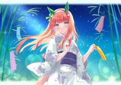 1girl absurdres animal_ears bamboo blush chickenbstrip commentary_request cowboy_shot ear_covers green_eyes hairband highres holding holding_tanzaku horse_ears horse_girl horse_tail japanese_clothes kimono letterboxed long_hair long_sleeves looking_at_viewer milky_way night night_sky orange_hair outdoors silence_suzuka_(umamusume) sky smile solo star_(sky) star_(symbol) star_print starry_sky tail tanabata tanzaku umamusume white_hairband white_kimono wide_sleeves yukata