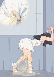 1girl absurdres black_hair blush commentary_request dress embarrassed flat_chest have_to_pee highres large_variant_set long_hair multiple_views original pee pee_stain peeing peeing_self rune_(dualhart) sandals standing toes variant_set white_dress white_sandals