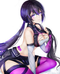 Rule 34 | 1girl, arm between legs, arm warmers, bare shoulders, between breasts, black gloves, black hair, black shirt, black skirt, breasts, cleavage, closed mouth, commentary request, crop top, fingerless gloves, glasses, gloves, hair between eyes, highres, large breasts, long hair, looking at viewer, low twintails, mole, mole under each eye, mole under eye, multicolored hair, multiple moles, over-rim eyewear, pouch, purple eyes, purple hair, purple thighhighs, round eyewear, semi-rimless eyewear, shirt, sidelocks, simple background, sitting, skirt, sleeveless, sleeveless shirt, smile, snowbreak: containment zone, solo, stomach, strap between breasts, streaked hair, suterisu, thighhighs, twintails, vidya shannon, vidya shannon - agave, white background