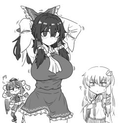 3girls ? black_hair blush bow breasts brown_hair camera dress formicid frills frog_hair_ornament hair_between_eyes hair_ornament hakurei_reimu highres kochiya_sanae large_breasts monochrome multiple_girls shameimaru_aya tie_clip touhou wings