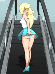 1girl ass assentlov blonde_hair blue_eyes breasts earrings embarrassed from_behind frown hair_over_one_eye high_heels highres jewelry legs long_hair looking_back mario_(series) nintendo rosalina shiny_skin skirt stairs standing super_mario_galaxy upskirt