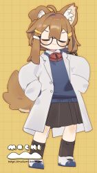 1girl :3 ahoge animal_ear_fluff animal_ears artist_name black-framed_eyewear black_skirt black_socks blue_cardigan blue_sweater blue_sweater_vest blue_vest blush blush_stickers borrowed_character bow bowtie brown_hair brown_skirt brown_socks brown_tail cardigan character_name chibi closed_eyes closed_mouth coat collared_shirt dog_ears dog_girl dog_tail dress_shirt facing_viewer full_body glasses grid_background hair_between_eyes hair_ornament hairclip hands_on_own_hips highres kneehighs lab_coat long_hair long_sleeves looking_at_viewer mamehinata medium_hair mukumi open_clothes open_coat pleated_skirt red_bow red_bowtie school_uniform semi-rimless_eyewear shirt shoes sidelocks simple_background skirt sleeves_past_fingers sleeves_past_wrists smile smug socks solo standing sweater sweater_vest tail twitter_username under-rim_eyewear unity_(medium) uwabaki v-shaped_eyebrows vest vrchat watermark white_coat white_shirt white_shoes wing_collar yellow_background
