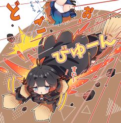 Rule 34 | 2girls, absurdres, ahoge, arzuros, black hair, blue boots, blue eyes, blue skirt, blunt bangs, blush, boots, commentary request, gradient hair, highres, lavasioth, milkpanda, monster hunter (series), motion lines, multicolored hair, multiple girls, open mouth, outline, panties, personification, red hair, short hair, skirt, thick eyebrows, two-tone hair, underwear, white outline, white panties