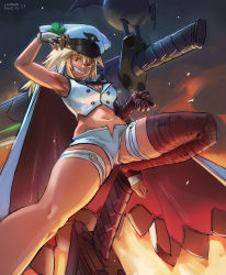 Rule 34 | 1girl, absurdres, animal hat, arm up, bandaged arm, bandaged leg, bandages, belt, breasts, cape, cat hat, cleavage, clover, crop top, dark-skinned female, dark skin, fingerless gloves, fire, four-leaf clover, gloves, guilty gear, guilty gear strive, hat, highres, huge weapon, large breasts, letro, long hair, medium hair, midriff, navel, orange eyes, peaked cap, ramlethal valentine, ringed eyes, sharp teeth, short shorts, shorts, smile, solo, stomach, sword, teeth, thick thighs, thigh strap, thighs, weapon, white cape, white hat, white shorts