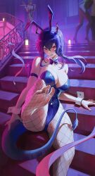 Rule 34 | 1girl, absurdres, alternate costume, animal ears, arknights, arm support, armlet, bare shoulders, blue bow, blue bowtie, blue hair, blue leotard, bow, bowtie, breasts, ch&#039;en (arknights), cleavage, clenched teeth, commentary, crossed bangs, detached collar, dragon girl, dragon horns, dragon tail, english commentary, fake animal ears, fishnet pantyhose, fishnets, high heels, highleg, highleg leotard, highres, holding, holding tray, horns, indoors, jewelry, large breasts, leaning forward, leg up, leotard, long hair, low twintails, pantyhose, playboy bunny, rabbit ears, railing, rasipan, red eyes, sidelocks, sitting, soles, solo focus, stairs, standing, strapless, strapless leotard, tail, teeth, toes, tray, twintails, white wrist cuffs, wrist cuffs