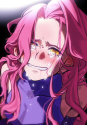 1girl alien_stage black_dress chinese_commentary commentary_request crying crying_with_eyes_open dress from_above furrowed_brow highres koko_(wuxiewuxiewuxie781) long_hair mizi_(alien_stage) partial_commentary pink_hair sleeveless sleeveless_dress solo tears yellow_eyes