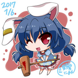 1girl 2017 ;d animal_ears artist_name bad_id bad_pixiv_id barefoot blood bloomers blue_dress blue_hair blush chibi dated dress earclip female_focus full_body kine low_twintails mallet noai_nioshi one_eye_closed open_mouth puffy_short_sleeves puffy_sleeves rabbit_ears red_eyes seiran_(touhou) short_dress short_sleeves simple_background smile solo touhou twintails two-tone_background underwear