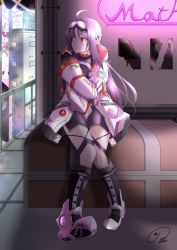 Rule 34 | 1girl, :t, ;), absurdres, ahoge, alternate costume, boots, character request, cyberpunk, fingerless gloves, gloves, goggles, goggles on head, high heels, highres, holding, holding behind back, holding sword, holding sword behind back, holding weapon, holding weapon behind back, knee boots, konno yuuki (sao), long hair, looking to the side, maximum7010, one eye closed, purple hair, red eyes, red gloves, smile, solo, sword, sword art online, sword art online the movie: ordinal scale, thighs, weapon, yuuki (sao)
