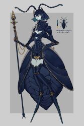 1girl animal antennae arthropod_girl arthropod_limbs arthropod_tail beetle beetle_girl blue_dress blue_hair blue_skin bug center_opening colored_skin commentary creature_and_personification dress english_commentary extra_arms full_body grey_background highres holding holding_polearm holding_weapon insect looking_at_viewer monster_girl no_feet original personification polearm ruteko_(ruko220) short_hair simple_background solo standing weapon yellow_eyes