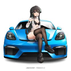 1girl absurdres aqua_hair artist_collaboration black_choker black_footwear black_hair black_thighhighs blue_car breasts car choker commentary crossed_legs earrings english_commentary flor_(freshtango) freshtango full_body grey_eyes highres jestami jewelry long_hair looking_at_viewer mole mole_under_eye motor_vehicle multicolored_hair open_clothes open_mouth open_shirt original porsche shirt simple_background sitting small_breasts solo streaked_hair sweatband thighhighs two-tone_hair vehicle_request white_background white_shirt
