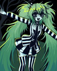 1girl :d absurdres adapted_costume alternate_hair_color artist_name bags_under_eyes bare_tree beetlejuice beetlejuice_(character) beetlejuice_(character)_(cosplay) betelgeuse_(beetlejuice) betelgeuse_(beetlejuice)_(cosplay) black_background black_bustier black_eyes black_eyeshadow black_jacket black_mouth black_necktie black_skirt black_thighhighs breasts bustier commentary cosplay dirty dirty_hands drooling eyeshadow feet_out_of_frame from_above green_hair hair_between_eyes hair_ornament hatsune_miku highres jacket long_hair looking_at_viewer makeup medium_breasts megrocks messy_hair necktie open_mouth outdoors outstretched_arms pale_skin partially_unbuttoned patreon_logo patreon_username pleated_skirt ringed_eyes romaji_commentary skirt smile solo standing striped_clothes striped_jacket striped_skirt striped_thighhighs teeth thighhighs tie_clip tree v-shaped_eyebrows vertical-striped_clothes vertical-striped_jacket vertical-striped_skirt vertical-striped_thighhighs very_long_hair vocaloid white_jacket white_skirt white_thighhighs zettai_ryouiki