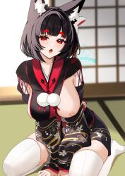 1girl animal_ear_fluff animal_ears azur_lane bell between_legs black_hair black_kimono blush breasts cat_ears cat_mask commission fang floral_print fox_mask hand_between_legs highres indoors japanese_clothes jingle_bell kimono large_breasts looking_at_viewer mask mask_on_head mismatched_eyebrows nipples one_breast_out open_mouth red_eyes short_hair short_kimono sideboob sideless_kimono sitting skeb_commission solo tatami thighhighs wariza white_thighhighs yamaha_tsui yamashiro_(azur_lane)