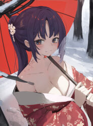 1girl absurdres alternate_costume black_halo blue_archive blue_eyes blue_hair blush breasts cleavage closed_mouth commentary flower_tattoo halo highres holding holding_umbrella japanese_clothes kimono large_breasts looking_at_viewer moji_(m_0j_4) neck_tattoo off_shoulder ponytail red_kimono red_umbrella solo tattoo umbrella upper_body wide_sleeves yuuka_(blue_archive)