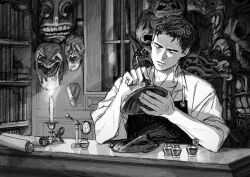 1boy apron book bookshelf candle chair closed_mouth collared_shirt greyscale hands_up highres holding holding_mask holding_paintbrush indoors inkwell jaddddan looking_at_object male_focus mask monochrome original paintbrush painting_(action) scroll shirt short_hair sitting solo upper_body very_short_hair workshop