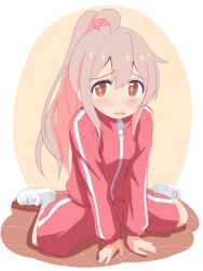 1girl ahoge blush brown_eyes commentary full_body jacket long_hair long_sleeves looking_at_viewer on_ground onii-chan_wa_oshimai! open_mouth oyama_mahiro ponytail simple_background sitting solo tearing_up track_jacket unkimo zipper_pull_tab
