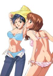 2girls armpits arms_up ass asuka_(viper) black_eyes black_hair blue_bra blue_panties bow bow_bra bow_panties bra brown_eyes brown_hair butt_crack clothes_lift cowboy_shot denim hair_over_shoulder highres jeans katsura_ken&#039;ichirou lipstick long_hair makeup miki_(viper) multiple_girls navel non-web_source official_art one_eye_closed open_fly panties pants profile red_lips shirt shirt_lift short_hair simple_background smile striped_clothes striped_panties sweatdrop underwear underwear_only undressing vertical-striped_clothes vertical-striped_panties viper_(series) viper_ctr white_background yellow_shirt