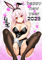 Rule 34 | 1girl, 2023, animal ear hairband, animal ears, bare shoulders, black leotard, black thighhighs, blush, breasts, cleavage, closed mouth, commentary request, fake animal ears, hair between eyes, hairband, happy new year, highres, large breasts, leotard, long hair, long sidelocks, looking at viewer, new year, original, partially visible vulva, pink hair, playboy bunny, rabbit ears, red eyes, sidelocks, smile, solo, squatting, star (symbol), star symbol background, strapless, strapless leotard, thighhighs, thighs, white wrist cuffs, wrist cuffs, yahiro pochi