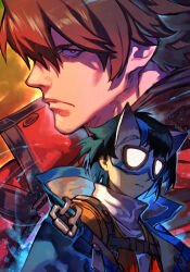 Rule 34 | 1boy, 1girl, arc system works, black hair, blue coat, blue hair, brown hair, close-up, coat, eye mask, guilty gear, guilty gear strive, guilty gear strive: dual rulers, hungry clicker, jacket, looking at viewer, multicolored hair, red eyes, red jacket, short hair, sol badguy, streaked hair, unika (guilty gear)