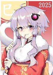 1girl 2025 ahoge blush chinese_zodiac closed_mouth commentary_request fang fang_out forked_tongue fur_collar hair_between_eyes hair_ornament highres japanese_clothes kimono long_sleeves looking_at_viewer purple_eyes purple_hair red_kimono sleeves_past_wrists smile snake_tail solo tail tongue upper_body vocaloid voiceroid wide_sleeves year_of_the_snake yuzuki_yukari zooanime