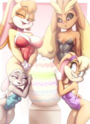 4girls :3 ^_^ animal_nose aqua_eyes arched_back artist_name azuretto bare_shoulders between_legs black_leotard black_sclera blonde_hair blue_leotard body_fur border breasts brown_fur closed_eyes collarbone colored_sclera covered_navel cowboy_shot easter_egg egg female_focus furry furry_female gen_4_pokemon gloves gradient_background grey_fur grin groin hair_tie half-closed_eyes hand_between_legs hand_up hands_up happy judy_hopps large_breasts leaning_forward leotard lola_bunny long_ears looking_down looking_to_the_side looney_tunes lopunny mature_female multicolored_fur multiple_girls nintendo open_mouth orange_fur orange_hair outside_border pink_eyes playboy_bunny pokemon pokemon_(creature) purple_eyes purple_leotard rabbit_ears rabbit_girl rabbit_tail red_background red_leotard short_hair short_tail signature small_breasts smile snout sonic_(series) standing strapless strapless_leotard tail teeth thick_thighs thighs twitter_x_logo two-tone_fur v_arms vanilla_the_rabbit white_border white_fur white_gloves wide_hips yellow_fur zootopia