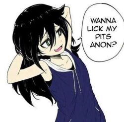 aliasing armpits aroused black_hair english_text green_eyes hood hoodie jpeg_artifacts kuroki_tomoko long_hair non-web_source resized upscaled